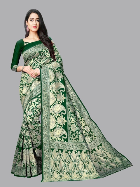 

Jashvi Creation Sea Green & Gold-Toned Woven Design Zari Silk Blend Banarasi Saree