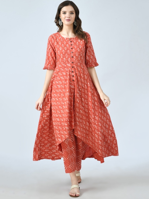 

MAFE Women Rust Striped Pleated Pure Cotton Kurti with Trousers