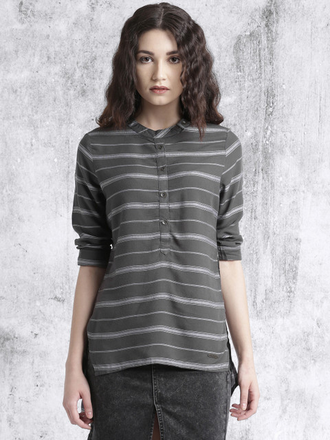 

Roadster Women Charcoal Grey Striped High-Low Top