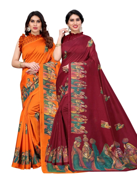 

AADVIKA Orange & Maroon Floral Art Silk Ready to Wear Mysore Silk Saree