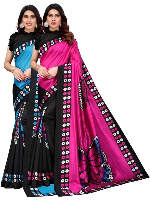 

AADVIKA Black & Blue Floral Art Silk Ready to Wear Mysore Silk Saree