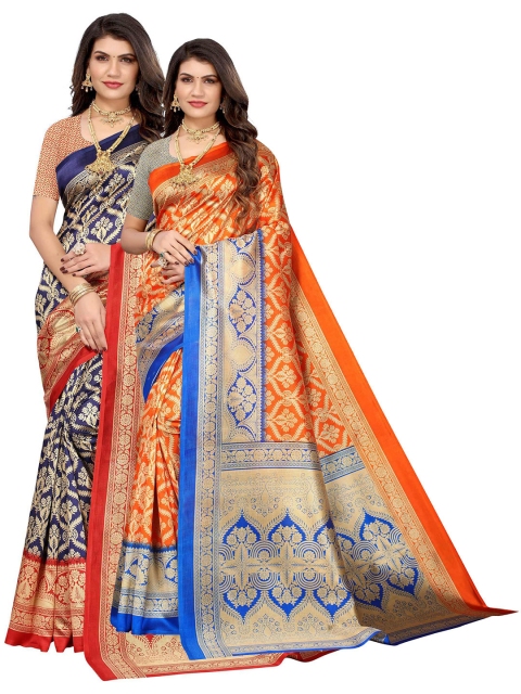 

AADVIKA Blue & Red Floral Art Silk Ready to Wear Mysore Silk Saree