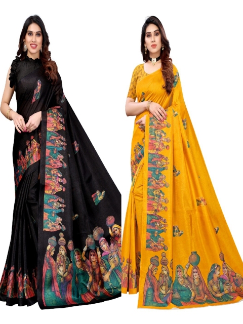 

AADVIKA Black & Yellow Floral Art Silk Ready to Wear Mysore Silk Saree