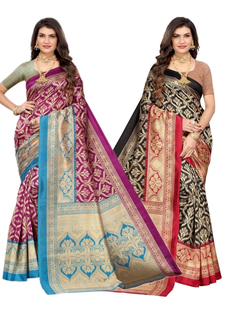 

AADVIKA Red & Blue Floral Art Silk Ready to Wear Mysore Silk Saree