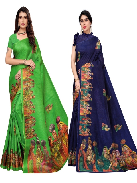 

AADVIKA Pack Of 2 Green & Blue Floral Art Silk Ready to Wear Mysore Silk Saree