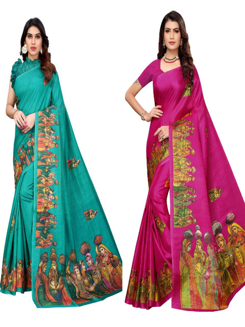 

AADVIKA Green & Pink Floral Art Silk Ready to Wear Mysore Silk Saree
