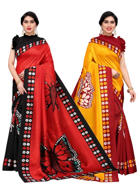 

AADVIKA Red & Black Floral Art Silk Ready to Wear Mysore Silk Saree