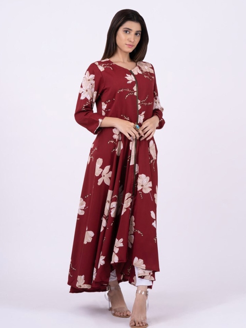 

Vedic Maroon & White Floral Printed Maxi Dress