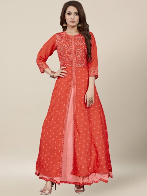 

Vedic Women Peach-Coloured Ethnic Motifs Printed A-Line Kurta