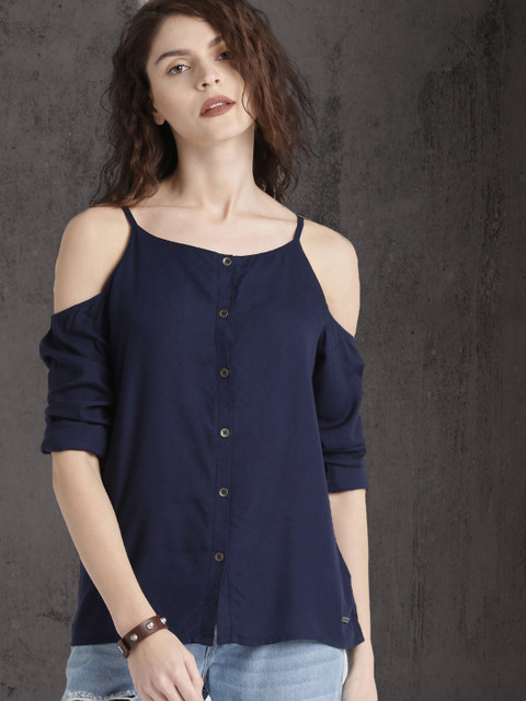 

Roadster Women Navy Solid Cold-Shoulder Top, Navy blue