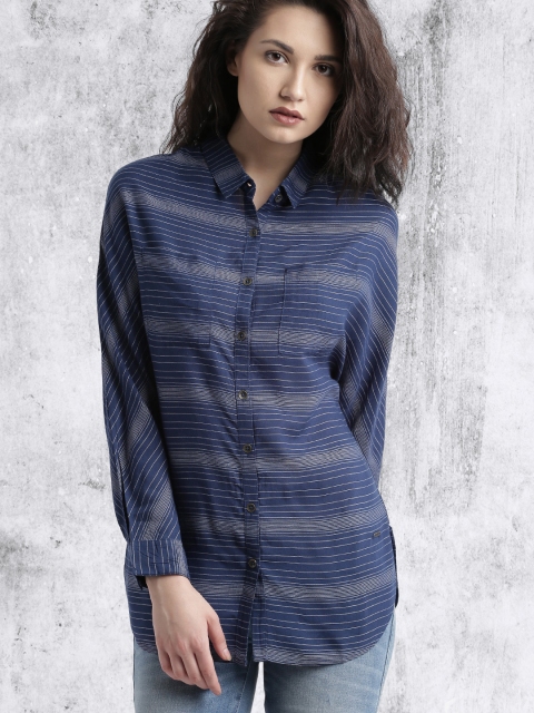 

Roadster Women Navy & Grey Striped Shirt-Style Top, Navy blue