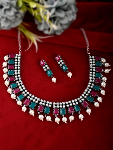 

AQUASTREET Oxidised Silver Plated Red & Green Handcrafted Stone Necklace Set