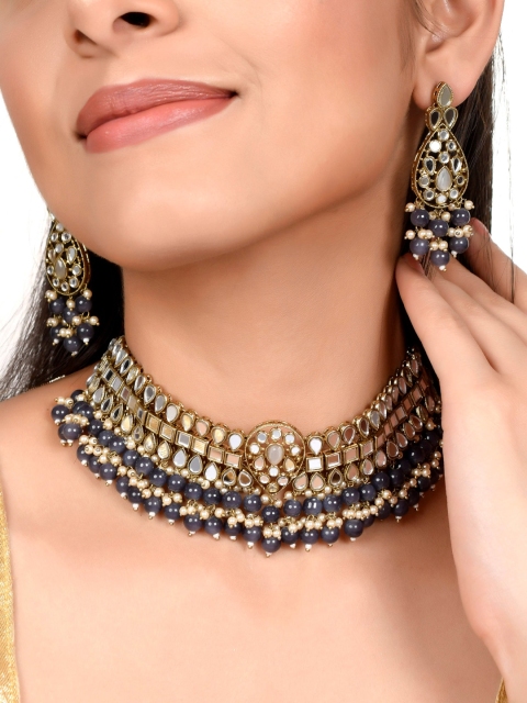 

AQUASTREET Gold-Plated Grey & Black Mirror-Studded Handcrafted Choker Jewellery Set