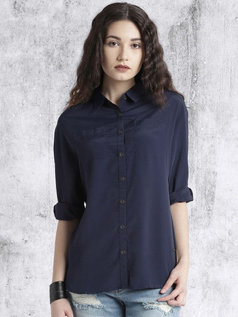 

Roadster Women Navy Solid Shirt-Style Top, Navy blue