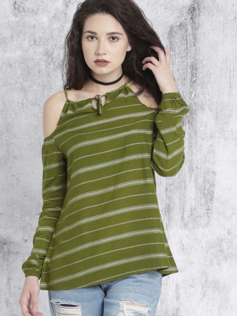 

Roadster Women Olive Green Striped Top