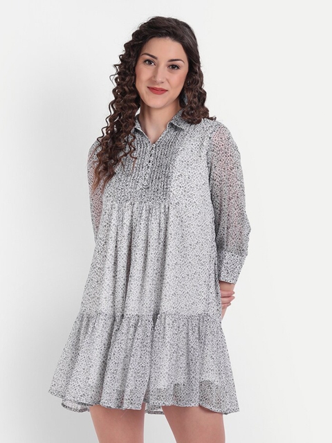 

MINGLAY White Printed Chiffon A-Line Mini Dress