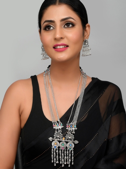 

AQUASTREET Oxidised Antique Silver-Plated Green & Pink Peacock Jewellery Set
