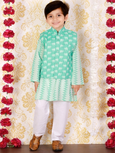

The Mom Store Boys Turquoise Blue Printed Pure Cotton Kurta with Churidar & With Dupatta