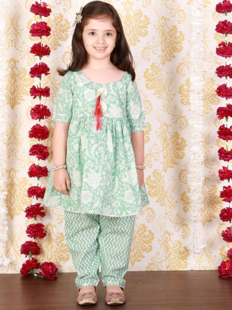 

The Mom Store Girls Turquoise Blue Printed Angrakha Pure Cotton Top with Palazzos & With Dupatta