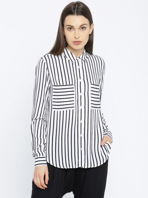 

ALCOTT Women Navy & White Striped High-Low Hem Casual Shirt, Navy blue