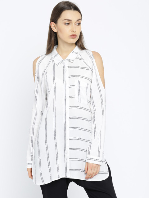 

ALCOTT Women White & Navy Striped Casual Shirt
