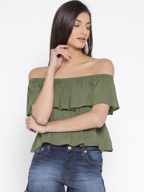 

ALCOTT Women Olive Green Solid Bardot Top