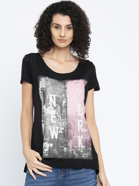 

ALCOTT Women Black Printed Semi-Sheer Round Neck T-shirt