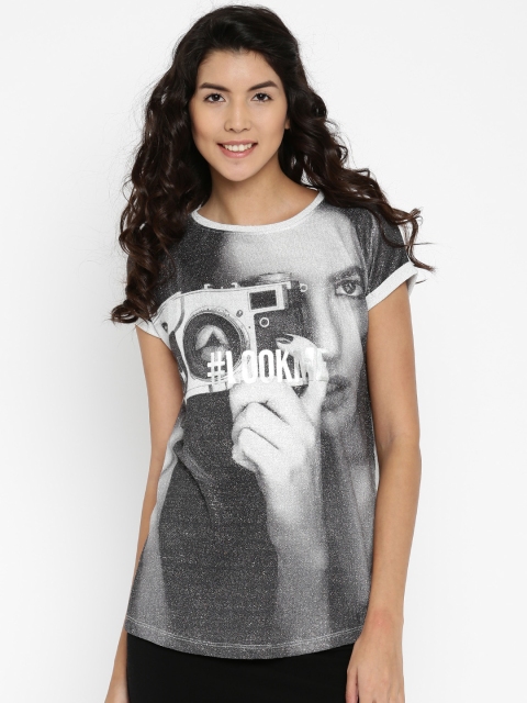 

ALCOTT Women Grey & Silver Printed Round Neck T-shirt