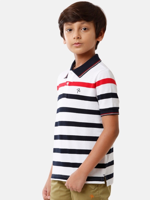 

CP BRO Boys White Striped Polo collar Applique Slim Fit T-shirt