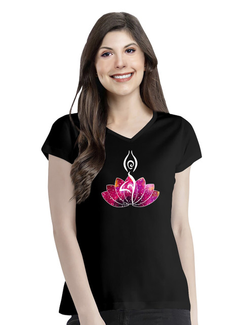 

Pootlu Women Black V-Neck Extended Sleeves T-shirt