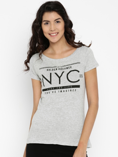 

ALCOTT Women Grey Melange Printed Round Neck T-shirt