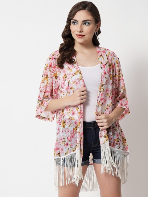 

PURYS Women White & Pink Printed Tasselled Shrug