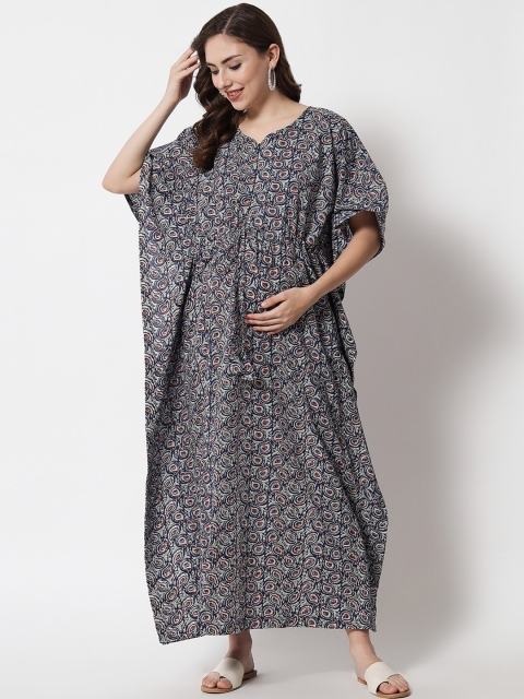 

Aujjessa Navy Blue Floral Maternity Kaftan Maxi Dress