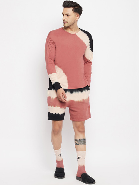

FUGAZEE Men Peach-Coloured & Black Dyed Pure Cotton T-shirt with Shorts