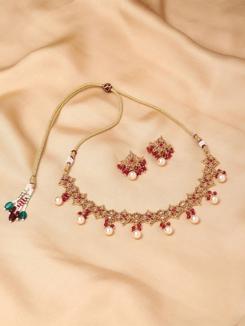 

Voylla Gold-Plated Red & White Stone Studded & Beaded Jewellery Set