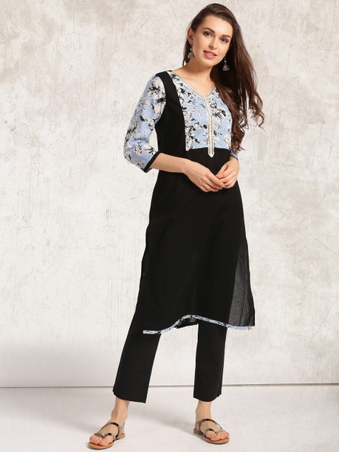 

Anouk Women Black & Blue Printed Straight Kurta