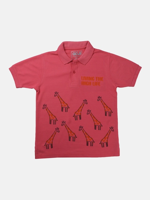 

GOJI Boys Pink Printed Polo Collar Applique T-shirt