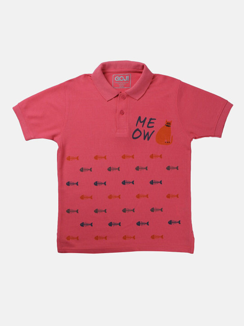 

GOJI Boys Pink Typography Printed Polo Collar Applique T-shirt