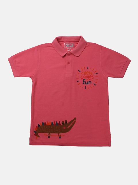 

GOJI Boys Pink Typography Printed Polo Collar Applique T-shirt