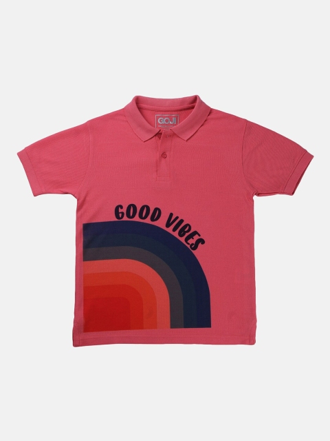 

GOJI Boys Pink Typography Polo Collar Applique T-shirt