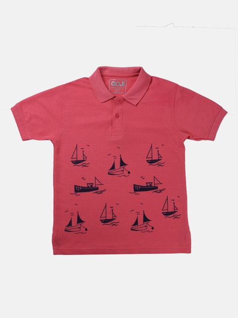 

GOJI Boys Pink Printed Polo Collar Applique T-shirt