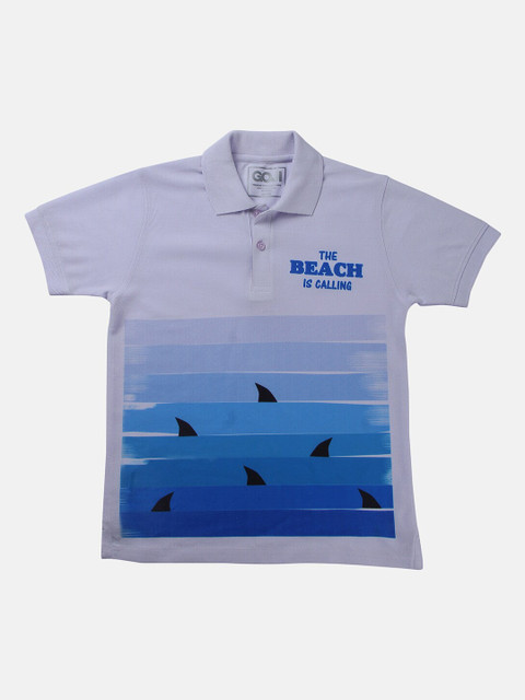 

GOJI Boys Lavender Typography Striped Polo Collar Applique T-shirt