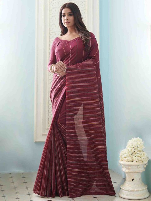 

Saree mall Burgundy Striped Art Silk Sarees