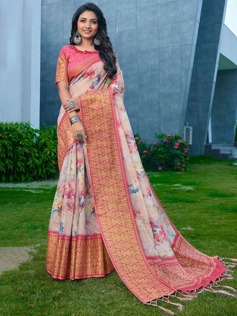 

Saree mall Mauve & Gold-Toned Floral Silk Blend Banarasi Sarees