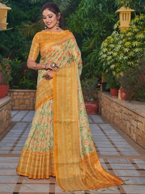 

Saree mall Off White & Orange Ethnic Motifs Silk Blend Banarasi Sarees