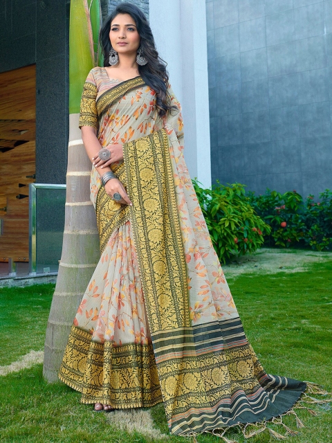 

Saree mall Grey & Gold-Toned Ethnic Motifs Silk Blend Banarasi Sarees