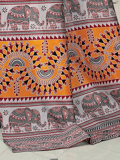

Saree mall Grey & Orange Warli Art Silk Sarees