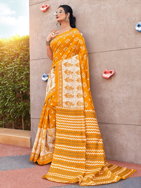 

Saree mall Yellow & White Floral Art Silk Block Print Sarees