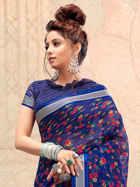 

Saree mall Blue & Silver-Toned Floral Silk Cotton Sarees