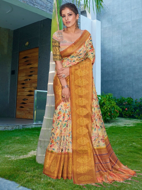 

Saree mall Cream-Coloured & Mustard Ethnic Motifs Silk Blend Banarasi Sarees